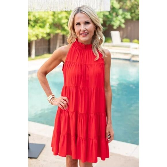 Pinch Tiered Halter Neck Dress Large Red Sleeveless Cottagecore Spring Summer - Picture 2 of 12